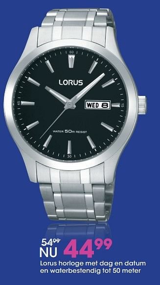 Aanbiedingen Lorus horloge met dag en datum en waterbestendig tot 50 meter - Lorus - Geldig van 21/11/2016 tot 31/12/2016 bij Lucardi