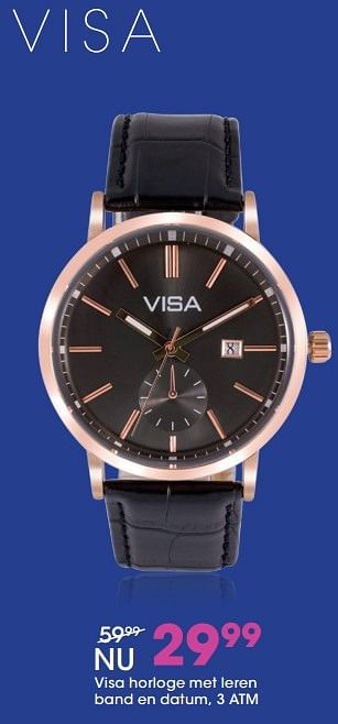 Aanbiedingen Visa horloge met leren band en datum, 3 atm - Visa - Geldig van 21/11/2016 tot 31/12/2016 bij Lucardi