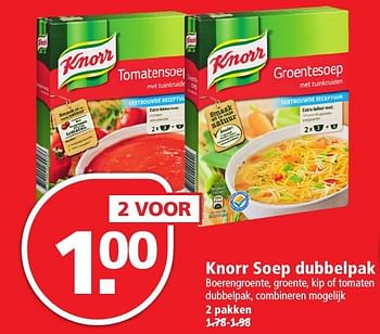 Aanbiedingen Knorr soep dubbelpak boerengroente, groente, kip of tomaten dubbelpak, combineren mogelijk - Knorr - Geldig van 27/11/2016 tot 03/12/2016 bij Plus