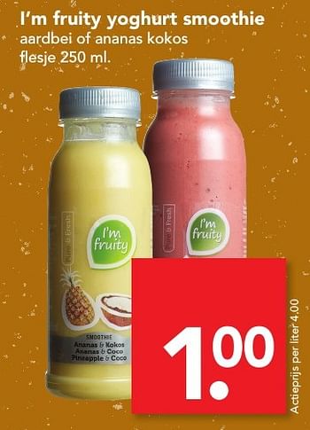 Aanbiedingen I`m fruity yoghurt smoothie aardbei of ananas kokos - I'm fruity - Geldig van 27/11/2016 tot 03/12/2016 bij Deen Supermarkten