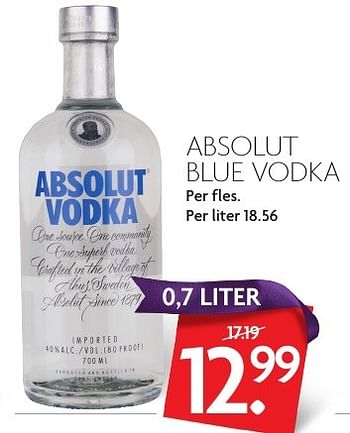 Aanbiedingen Absolut blue vodka - Absolut - Geldig van 27/11/2016 tot 03/12/2016 bij Deka Markt