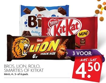 Aanbiedingen Bros, lion, rolo, smarties of kitkat - Nestlé - Geldig van 27/11/2016 tot 03/12/2016 bij Deka Markt