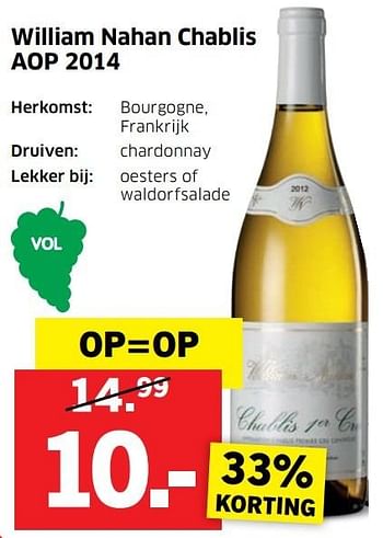 Aanbiedingen William nahan chablis aop 2014 - Witte wijnen - Geldig van 28/11/2016 tot 04/12/2016 bij Lidl