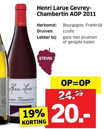 Aanbiedingen Henri larue gevreychambertin aop 2011 - Rode wijnen - Geldig van 28/11/2016 tot 04/12/2016 bij Lidl