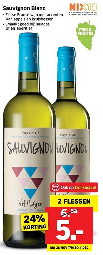 Aanbiedingen Sauvignon blanc - Witte wijnen - Geldig van 28/11/2016 tot 04/12/2016 bij Lidl