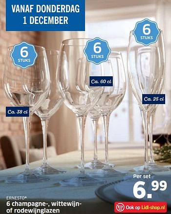 Aanbiedingen 6 champagne-, wittewijn- of rodewijnglazen - Ernesto - Geldig van 28/11/2016 tot 04/12/2016 bij Lidl