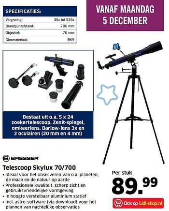 Aanbiedingen Telescoop skylux 70-700 - Bresser - Geldig van 28/11/2016 tot 04/12/2016 bij Lidl
