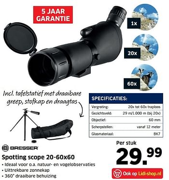 Aanbiedingen Spotting scope 20-60x60 - Bresser - Geldig van 28/11/2016 tot 04/12/2016 bij Lidl