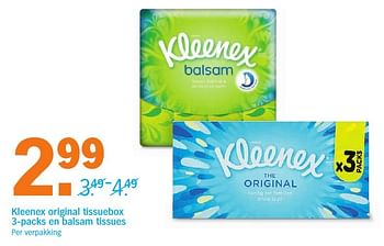 Aanbiedingen Kleenex original tissuebox 3-packs en balsam tissues - Kleenex - Geldig van 27/11/2016 tot 04/12/2016 bij Albert Heijn