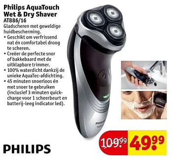 Aanbiedingen Philips aquatouch wet + dry shaver at886-16 - Philips - Geldig van 29/11/2016 tot 04/12/2016 bij Kruidvat
