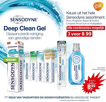 Aanbiedingen Sensodyne tandpasta deep clean gel - Sensodyne - Geldig van 29/11/2016 tot 04/12/2016 bij Trekpleister