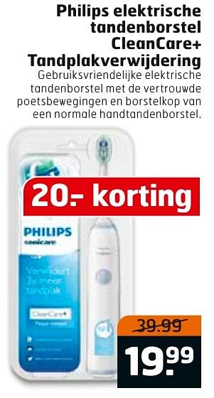 Aanbiedingen Philips elektrische tandenborstel cleancare+ tandplakverwijdering - Philips - Geldig van 29/11/2016 tot 04/12/2016 bij Trekpleister