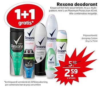 Aanbiedingen Rexona deodorant deospray cotton - Rexona - Geldig van 29/11/2016 tot 04/12/2016 bij Trekpleister