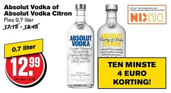 Aanbiedingen Absolut vodka of absolut vodka citron - Absolut - Geldig van 30/11/2016 tot 06/12/2016 bij Hoogvliet
