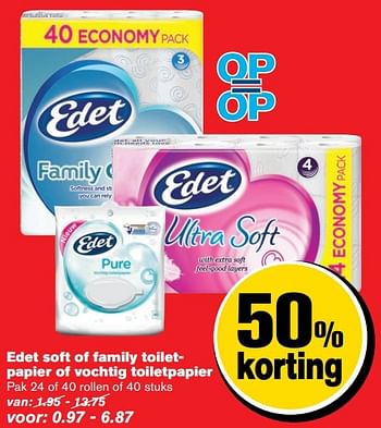 Aanbiedingen Edet soft of family toiletpapier of vochtig toiletpapier - Edet - Geldig van 30/11/2016 tot 06/12/2016 bij Hoogvliet