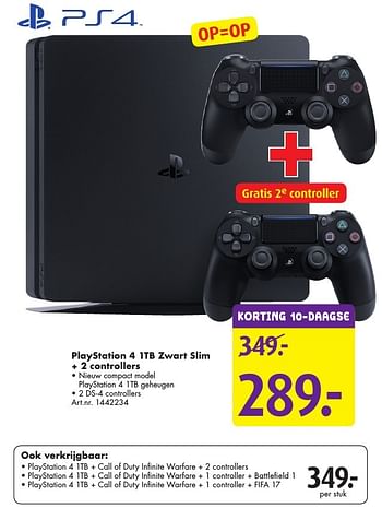 Aanbiedingen Playstation 4 1tb zwart slim + 2 controllers - Sony - Geldig van 29/11/2016 tot 11/12/2016 bij Bart Smit
