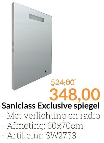 Aanbiedingen Saniclass exclusive spiegel - Saniclass - Geldig van 01/12/2016 tot 31/12/2016 bij Sanitairwinkel
