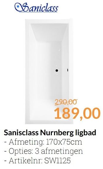 Aanbiedingen Saniclass nurnberg ligbad - Saniclass - Geldig van 01/12/2016 tot 31/12/2016 bij Sanitairwinkel