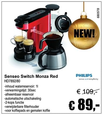Aanbiedingen Philips senseo switch monza red hd7892-80 - Philips - Geldig van 04/12/2016 tot 08/01/2017 bij Multi Bazar