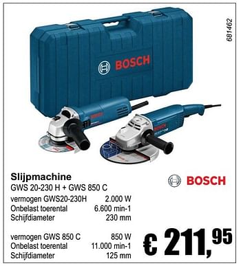 Aanbiedingen Bosch slijpmachine gws 20-230 h + gws 850 c - Bosch - Geldig van 04/12/2016 tot 08/01/2017 bij Multi Bazar