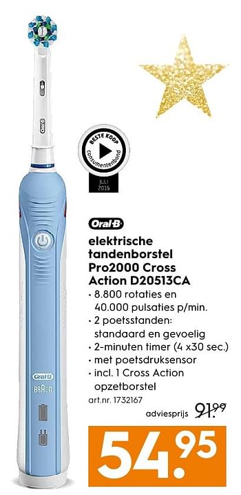 Aanbiedingen Oral-b elektrische tandenborstel pro2000 cross action d20513ca - Oral-B - Geldig van 29/11/2016 tot 07/12/2016 bij Blokker