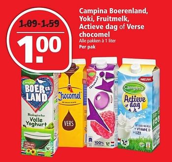 Aanbiedingen Campina boerenland, yoki, fruitmelk, actieve dag of verse chocomel - Campina - Geldig van 04/12/2016 tot 10/12/2016 bij Plus