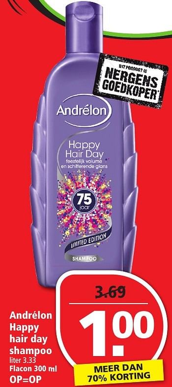 Aanbiedingen Andrélon happy hair day shampoo - Andrelon - Geldig van 04/12/2016 tot 10/12/2016 bij Plus