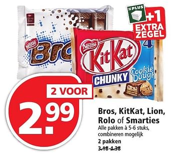 Aanbiedingen Bros, kitkat, lion, rolo of smarties - Nestlé - Geldig van 04/12/2016 tot 10/12/2016 bij Plus