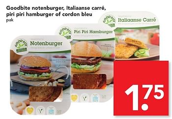 Aanbiedingen Goodbite notenburger, italiaanse carré, piri piri hamburger of cordon bleu - Goodbite - Geldig van 04/12/2016 tot 10/12/2016 bij Deen Supermarkten