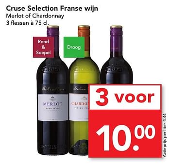 Aanbiedingen Cruse selection franse wijn merlot of chardonnay - Rode wijnen - Geldig van 04/12/2016 tot 10/12/2016 bij Deen Supermarkten