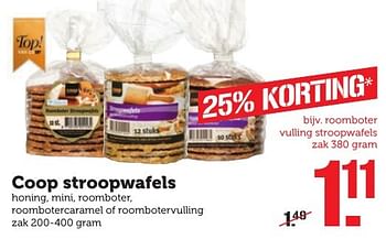 Aanbiedingen Coop stroopwafels honing, mini, roomboter, roombotercaramel of roombotervulling - Huismerk - Coop - Geldig van 05/12/2016 tot 11/12/2016 bij Coop