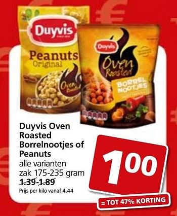 Aanbiedingen Duyvis oven roasted borrelnootjes of peanuts - Duyvis - Geldig van 05/12/2016 tot 11/12/2016 bij Jan Linders