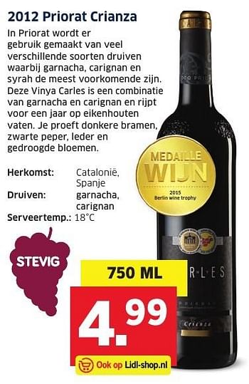 Aanbiedingen 2012 priorat crianza - Rode wijnen - Geldig van 05/12/2016 tot 11/12/2016 bij Lidl