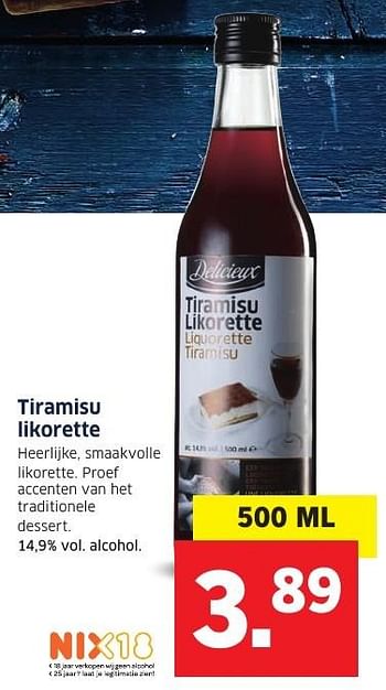 Aanbiedingen Tiramisu likorette - Delicieux - Geldig van 05/12/2016 tot 11/12/2016 bij Lidl