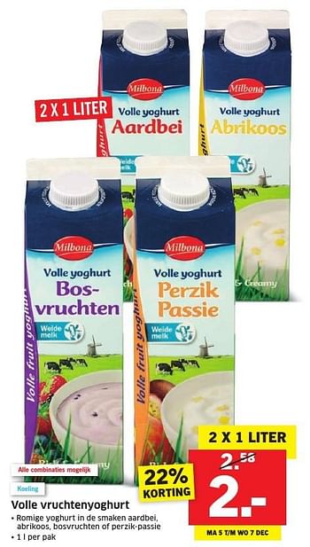 Aanbiedingen Volle vruchtenyoghurt - Milbona - Geldig van 05/12/2016 tot 11/12/2016 bij Lidl