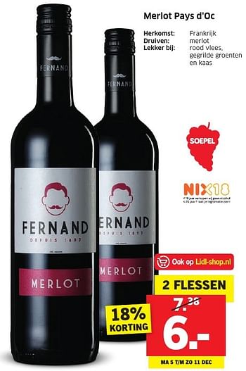 Aanbiedingen Merlot pays d`oc - Rode wijnen - Geldig van 05/12/2016 tot 11/12/2016 bij Lidl