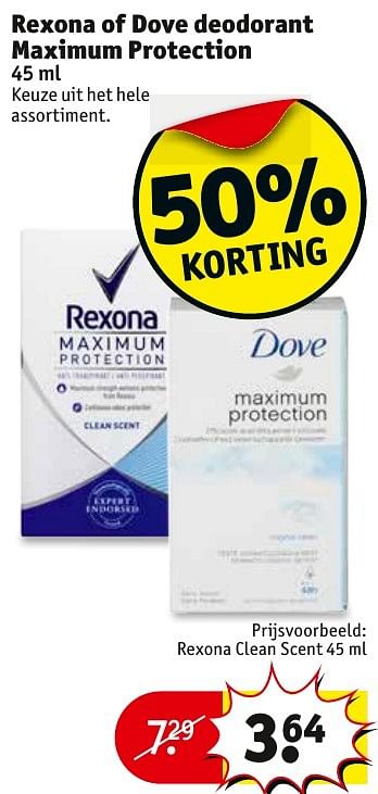 Aanbiedingen Rexona of dove deodorant maximum protection rexona clean scent - Rexona - Geldig van 06/12/2016 tot 11/12/2016 bij Kruidvat