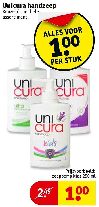 Aanbiedingen Unicura handzeep zeeppomp kids - Unicura - Geldig van 06/12/2016 tot 11/12/2016 bij Kruidvat
