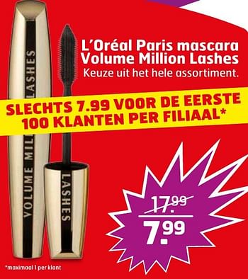 Aanbiedingen L`oréal paris mascara volume million lashes - L'Oreal Paris - Geldig van 06/12/2016 tot 11/12/2016 bij Trekpleister