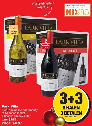 Aanbiedingen Park villa zuid-afrikaanse chardonnay of spaanse merlot - Rode wijnen - Geldig van 07/12/2016 tot 13/12/2016 bij Hoogvliet