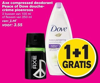 Aanbiedingen Axe compressed deodorant peace of dove douchecrème pioenroos - Axe - Geldig van 07/12/2016 tot 13/12/2016 bij Hoogvliet