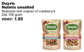 Aanbiedingen Duyvis nutmix unsalted notenmix met rozijnen of cranberry`s - Duyvis - Geldig van 07/12/2016 tot 13/12/2016 bij Hoogvliet
