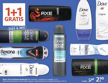 Aanbiedingen Dove, axe en rexona deodorant original deospray - Dove - Geldig van 05/12/2016 tot 18/12/2016 bij Etos