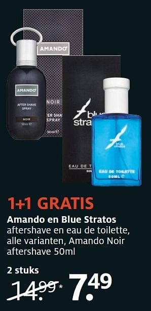 Aanbiedingen Blue stratos, amando noir aftershave 50ml - Amando - Geldig van 05/12/2016 tot 18/12/2016 bij Etos