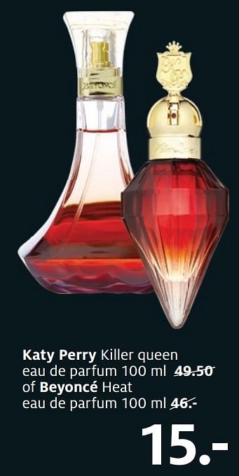 Aanbiedingen Katy perry killer queen eau de parfum 100 ml of beyoncé heat eau de parfum 100 ml - Beyoncé Heat - Geldig van 05/12/2016 tot 18/12/2016 bij Etos
