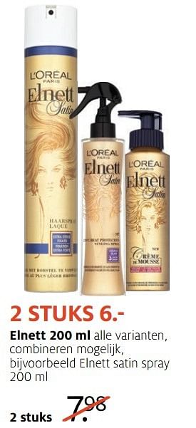 Aanbiedingen Elnett satin spray - L'Oreal Paris - Geldig van 05/12/2016 tot 18/12/2016 bij Etos