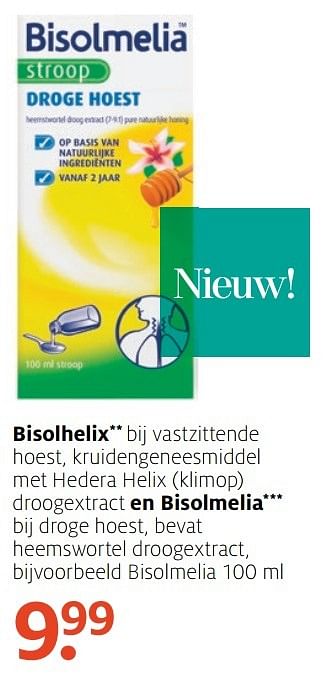 Aanbiedingen Bisolmelia bij droge hoest - Bisolmelia - Geldig van 05/12/2016 tot 18/12/2016 bij Etos