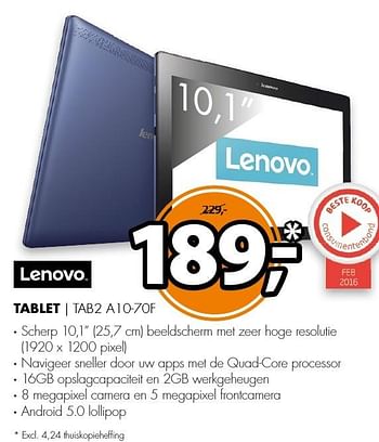 Aanbiedingen Lenovo tablet tab2 a10-70f - Lenovo - Geldig van 11/12/2016 tot 18/12/2016 bij Expert
