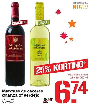 Aanbiedingen Marqués de càceres crianza rode wijn - Rode wijnen - Geldig van 12/12/2016 tot 18/12/2016 bij Coop