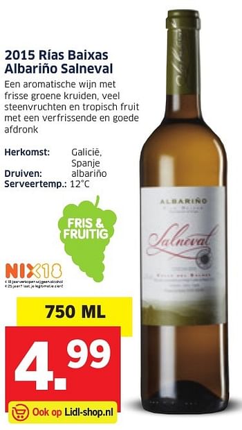 Aanbiedingen 2015 rías baixas albariño salneval - Witte wijnen - Geldig van 12/12/2016 tot 18/12/2016 bij Lidl